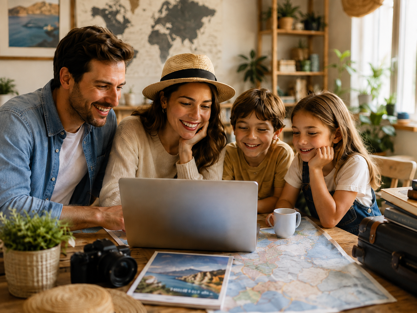 Familia planeando su próximo viaje